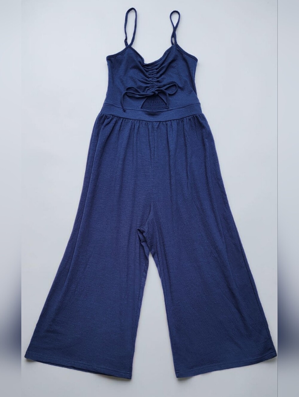 Roxy Navy Blue Wide Leg Jumpsuit Ruched Tie Front Cropped Boho Romper, Medium
